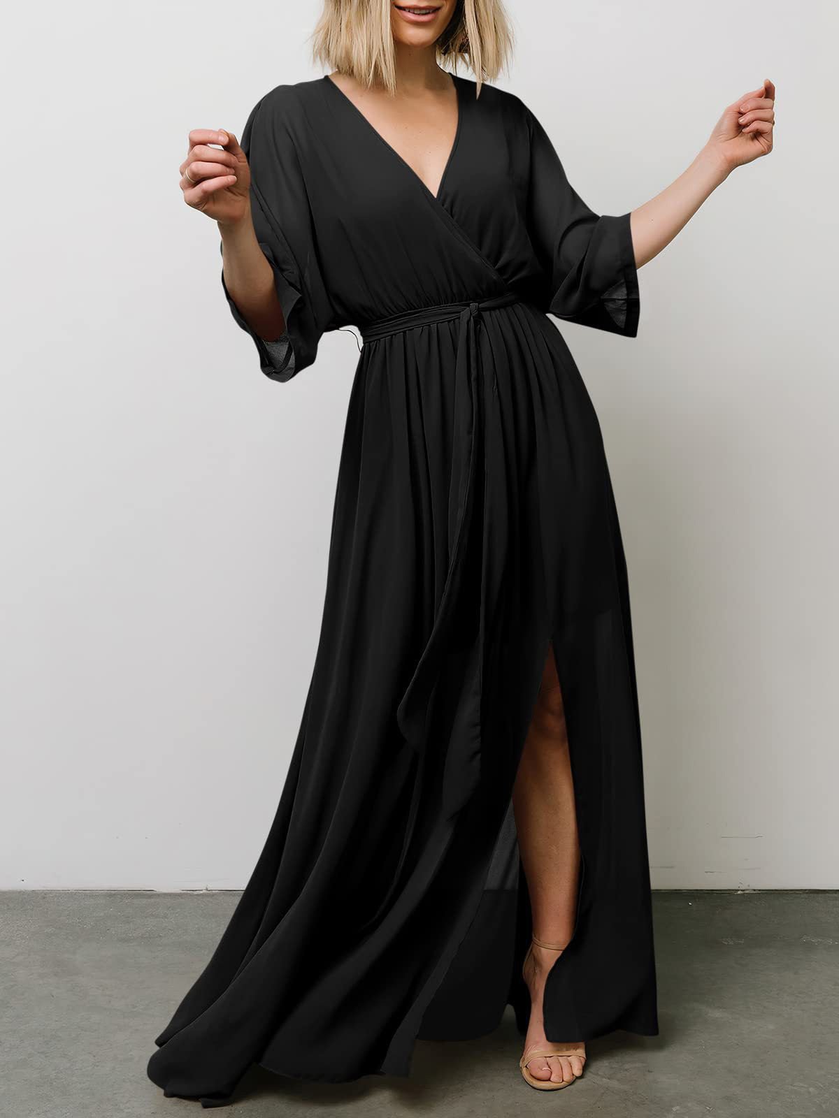 Women's Dresses Loose V-Neck Lace-Up Slit Chiffon Dress - Maxi Dresses - Instastyled | Online Fashion Free Shipping Clothing, Dresses, Tops, Shoes - 24/06/2022 - Casual Dresses - Color_Black