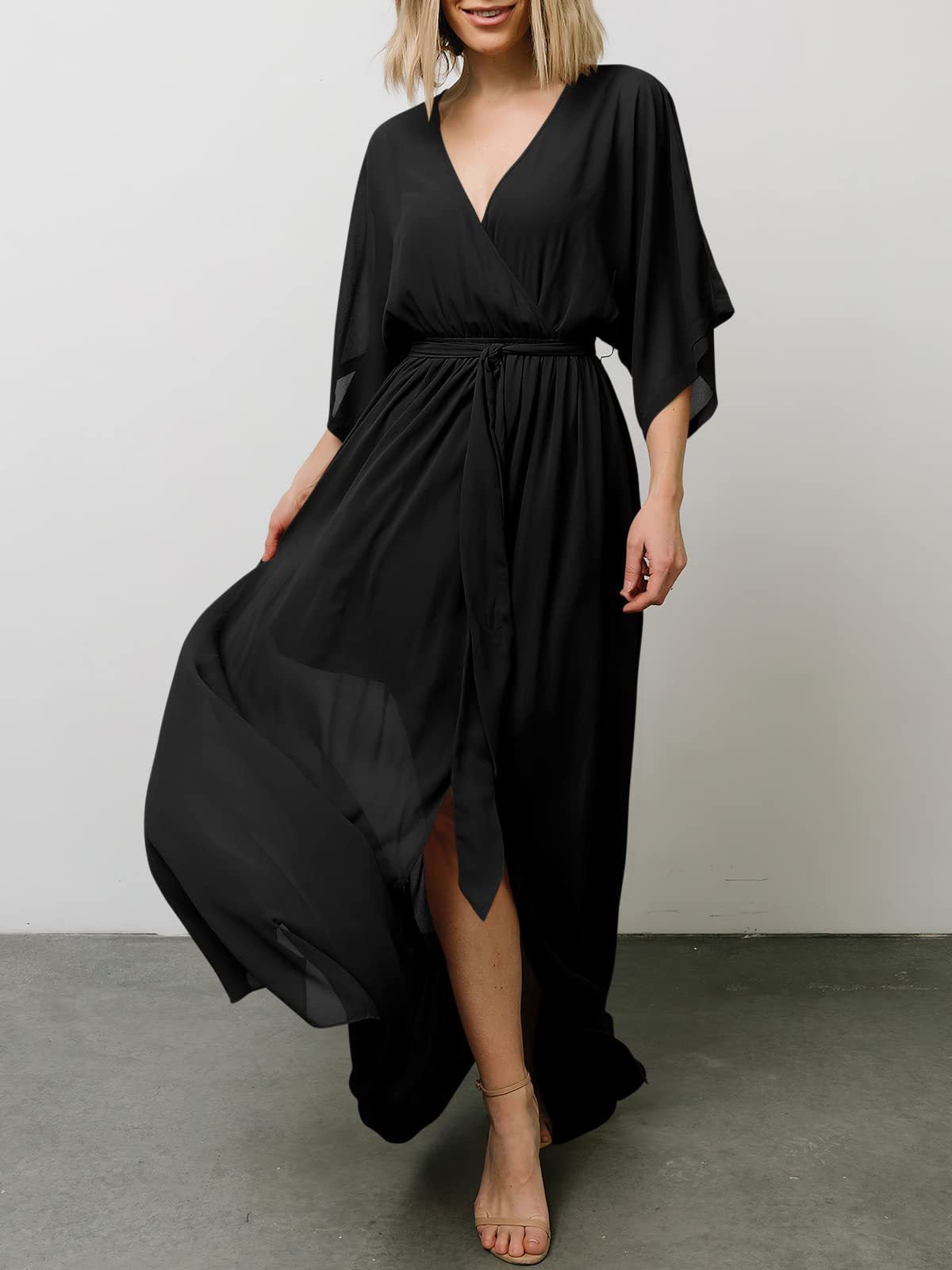 Women's Dresses Loose V-Neck Lace-Up Slit Chiffon Dress - Maxi Dresses - Instastyled | Online Fashion Free Shipping Clothing, Dresses, Tops, Shoes - 24/06/2022 - Casual Dresses - Color_Black