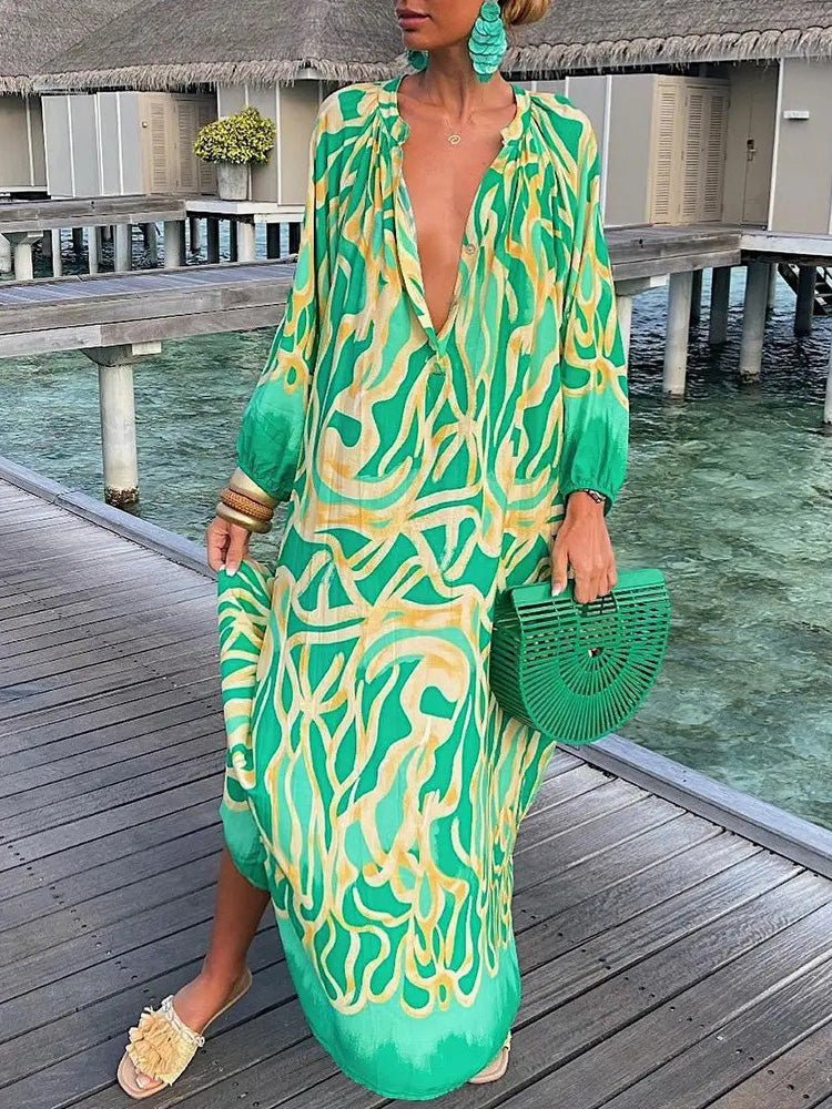 Women's Dresses Loose V-Neck Long Sleeve Print Dress - Maxi Dresses - Instastyled | Online Fashion Free Shipping Clothing, Dresses, Tops, Shoes - 10/08/2022 - 30-40 - casual-dresses