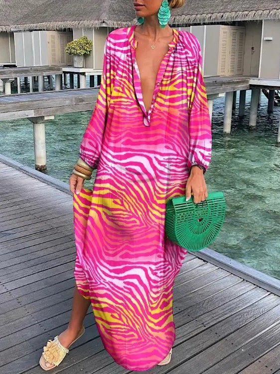 Women's Dresses Loose V-Neck Long Sleeve Print Dress - Maxi Dresses - Instastyled | Online Fashion Free Shipping Clothing, Dresses, Tops, Shoes - 09/08/2022 - Casual Dresses - Color_Blue