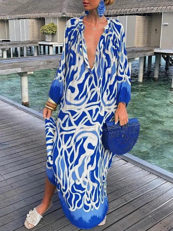 Women's Dresses Loose V-Neck Long Sleeve Print Dress - Maxi Dresses - Instastyled | Online Fashion Free Shipping Clothing, Dresses, Tops, Shoes - 10/08/2022 - 30-40 - casual-dresses