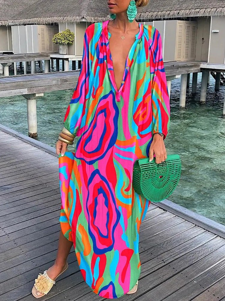 Women's Dresses Loose V-Neck Long Sleeve Print Dress - Maxi Dresses - Instastyled | Online Fashion Free Shipping Clothing, Dresses, Tops, Shoes - 10/08/2022 - 30-40 - casual-dresses