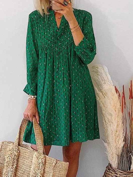 Women's Dresses Loose V-Neck Printed Long Sleeve Dress - Mini Dresses - Instastyled | Online Fashion Free Shipping Clothing, Dresses, Tops, Shoes - 23/02/2022 - 30-40 - color-green