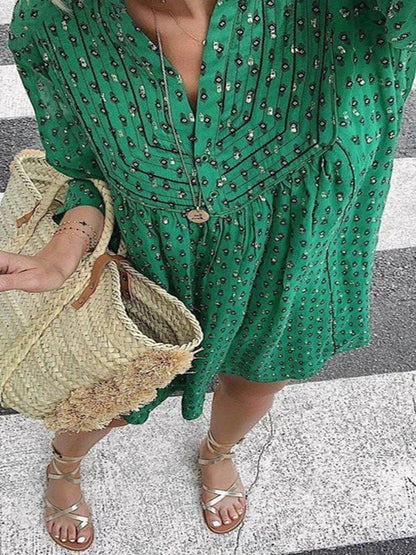 Women's Dresses Loose V-Neck Printed Long Sleeve Dress - Mini Dresses - Instastyled | Online Fashion Free Shipping Clothing, Dresses, Tops, Shoes - 23/02/2022 - 30-40 - color-green