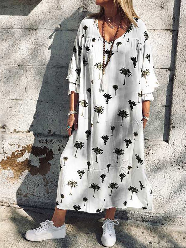 Women's Dresses Loose V-Neck Tree Print Long Sleeve Dress - Maxi Dresses - Instastyled | Online Fashion Free Shipping Clothing, Dresses, Tops, Shoes - 20-30 - 21/02/2022 - Casual Dresses