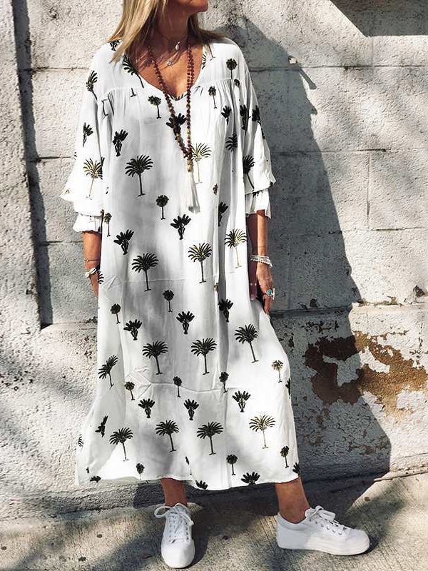 Women's Dresses Loose V-Neck Tree Print Long Sleeve Dress - Maxi Dresses - Instastyled | Online Fashion Free Shipping Clothing, Dresses, Tops, Shoes - 20-30 - 21/02/2022 - Casual Dresses