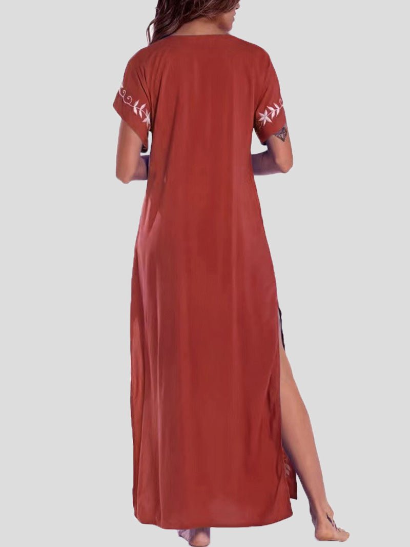Maxi Dresses - Loose V-Neck Vintage Print Slit Maxi Dress - MsDressly