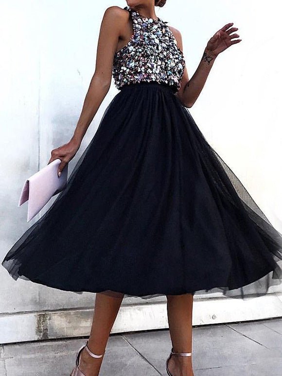 Women's Dresses Mesh Halter Sequin Sleeveless Dress - Midi Dresses - Instastyled | Online Fashion Free Shipping Clothing, Dresses, Tops, Shoes - 25/02/2022 - 40-50 - color-black