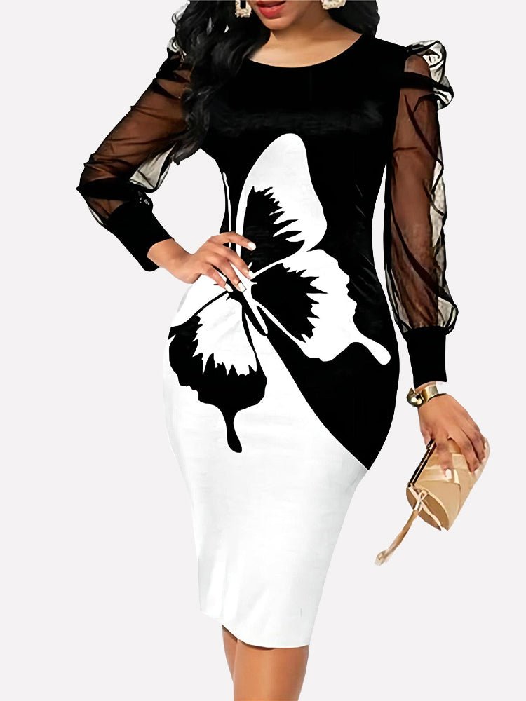 Women's Dresses Mesh Long Sleeve Butterfly Print Midi Dress - Midi Dresses - Instastyled | Online Fashion Free Shipping Clothing, Dresses, Tops, Shoes - 11/1/2023 - color-white - Color_White