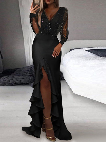 Women's Dresses Mesh Stitching V-Neck Long Sleeve Ruffle Dress - Maxi Dresses - Instastyled | Online Fashion Free Shipping Clothing, Dresses, Tops, Shoes - 05/01/2022 - color-black - Color_Black