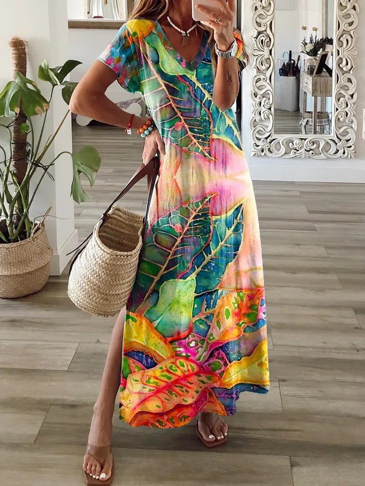 Women's Dresses Multicolor Leaf V-Neck Short Sleeve Slit Dress - MsDressly
