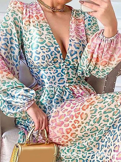 Women's Dresses Multicolor Leopard Print Deep V-Neck Long Sleeve Casual Dress - Maxi Dresses - INS | Online Fashion Free Shipping Clothing, Dresses, Tops, Shoes - 11/08/2021 - 40-50 - Category_Maxi Dresses