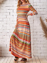 Women's Dresses Multicolor Striped Crewneck Long Sleeve Dress - Maxi Dresses - Instastyled | Online Fashion Free Shipping Clothing, Dresses, Tops, Shoes - 23/02/2022 - 30-40 - color-orange