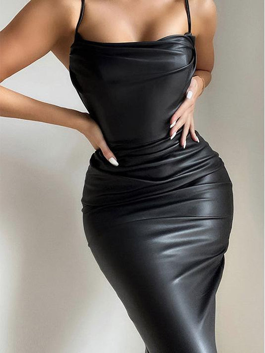 Women's Dresses Nightclub Suspender PU Leather Tight Dress - Midi Dresses - INS | Online Fashion Free Shipping Clothing, Dresses, Tops, Shoes - 30-40 - 30/11/2021 - Bodycon Dresses
