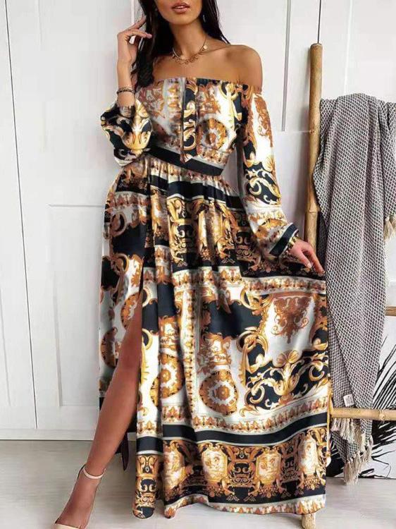 Women's Dresses Off Shoulder Long Sleeve Printed Split Dress - Maxi Dresses - INS | Online Fashion Free Shipping Clothing, Dresses, Tops, Shoes - 13/09/2021 - 30-40 - Category_Maxi Dresses
