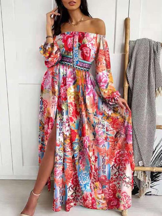 Women's Dresses Off Shoulder Long Sleeve Printed Split Dress - Maxi Dresses - INS | Online Fashion Free Shipping Clothing, Dresses, Tops, Shoes - 13/09/2021 - 30-40 - Category_Maxi Dresses