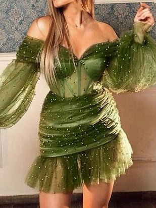 Women's Dresses Off Shoulder Mesh Beading Long Sleeve Dress - Mini Dresses - Instastyled | Online Fashion Free Shipping Clothing, Dresses, Tops, Shoes - 28/02/2022 - color-black - color-green