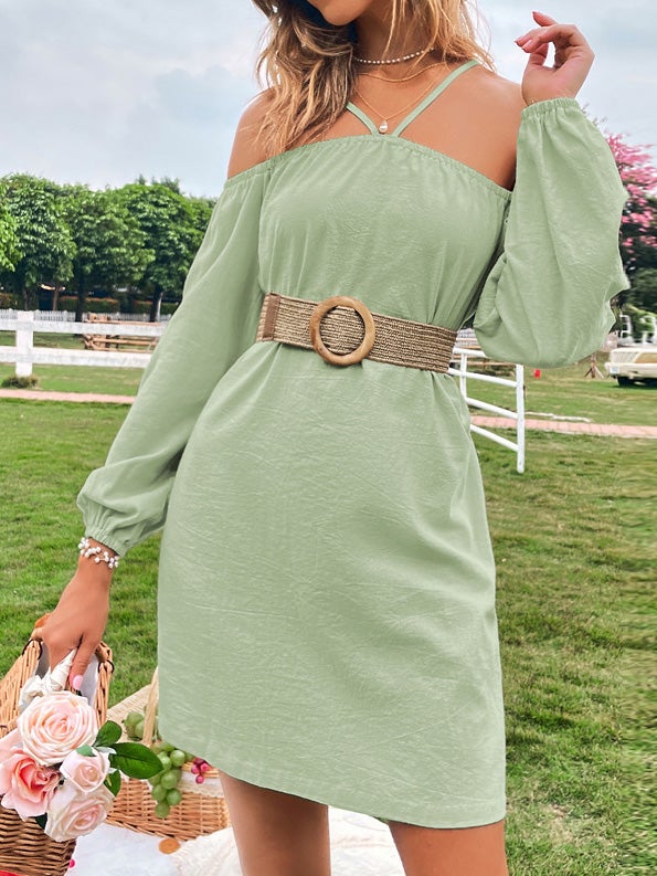 Women's Dresses Off-The-Shoulder Strap Long Sleeve Mini Dress - Mini Dresses - Instastyled | Online Fashion Free Shipping Clothing, Dresses, Tops, Shoes - 28/12/2021 - 40-50 - color-apricot