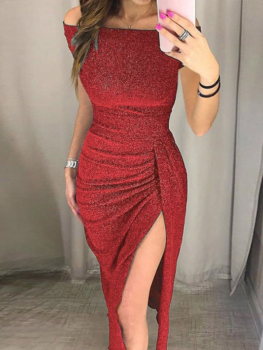 Women's Dresses One-Line Neck Shiny Slit Evening Dress - Midi Dresses - INS | Online Fashion Free Shipping Clothing, Dresses, Tops, Shoes - 20-30 - 25/08/2021 - Category_Midi Dresses