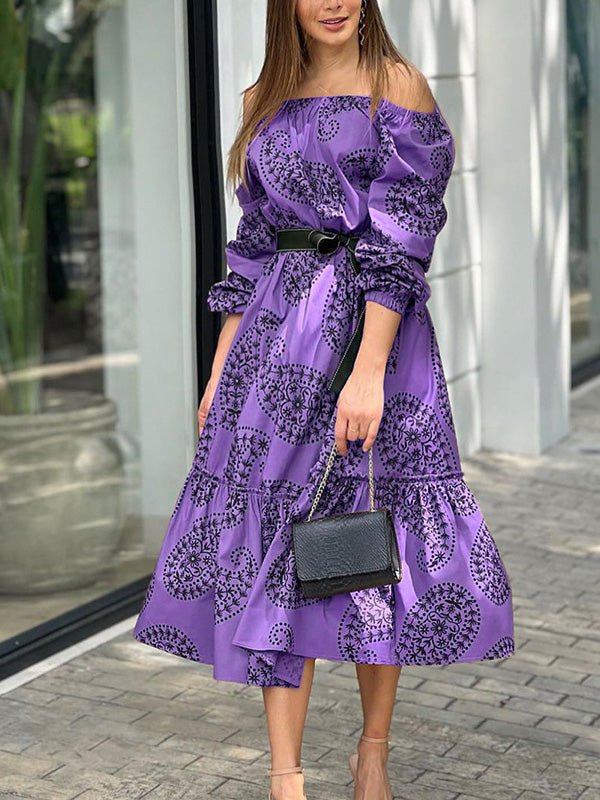 Women's Dresses One-Shoulder Belted Long Sleeve Print Dress - Maxi Dresses - Instastyled | Online Fashion Free Shipping Clothing, Dresses, Tops, Shoes - 14/06/2022 - 40-50 - color-green