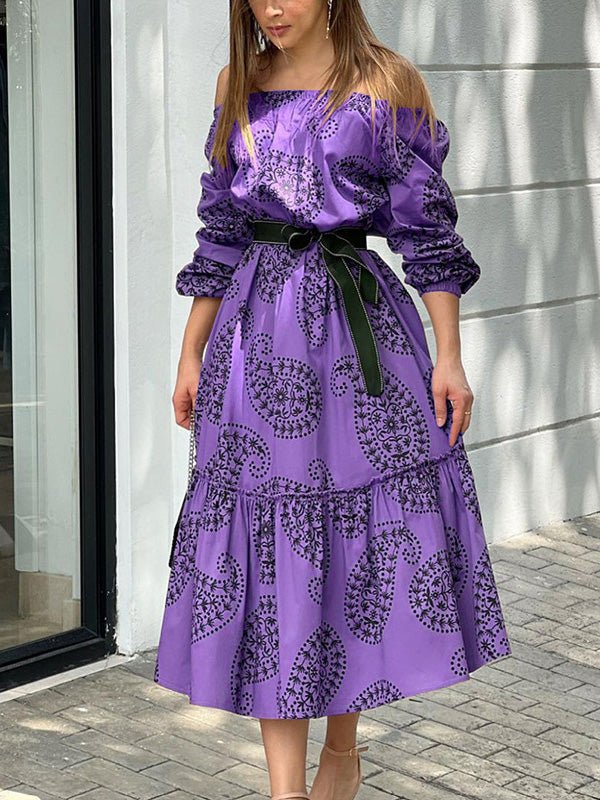 Women's Dresses One-Shoulder Belted Long Sleeve Print Dress - Maxi Dresses - Instastyled | Online Fashion Free Shipping Clothing, Dresses, Tops, Shoes - 14/06/2022 - 40-50 - color-green