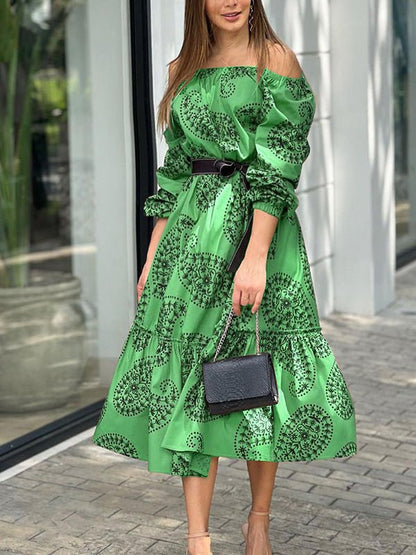 Women's Dresses One-Shoulder Belted Long Sleeve Print Dress - Maxi Dresses - Instastyled | Online Fashion Free Shipping Clothing, Dresses, Tops, Shoes - 14/06/2022 - 40-50 - color-green