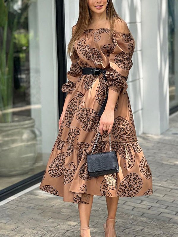 Women's Dresses One-Shoulder Belted Long Sleeve Print Dress - Maxi Dresses - Instastyled | Online Fashion Free Shipping Clothing, Dresses, Tops, Shoes - 14/06/2022 - 40-50 - color-green