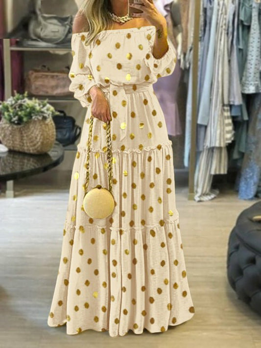 Women's Dresses One-Shoulder Bronzed Polka Dot Puff Sleeve Dress - Maxi Dresses - Instastyled | Online Fashion Free Shipping Clothing, Dresses, Tops, Shoes - 30/08/2022 - 40-50 - color-beige