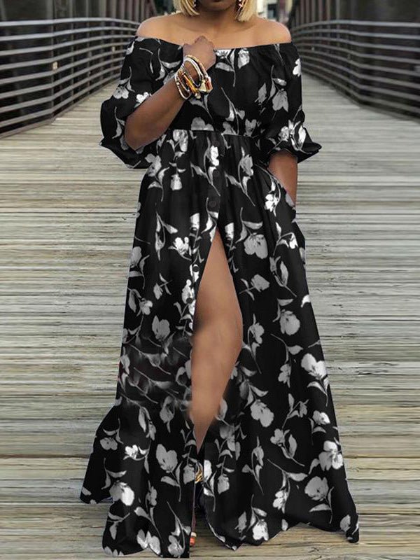 Women's Dresses One-Shoulder Button Slit Print Dress - Maxi Dresses - Instastyled | Online Fashion Free Shipping Clothing, Dresses, Tops, Shoes - 09/09/2022 - 40-50 - color-black