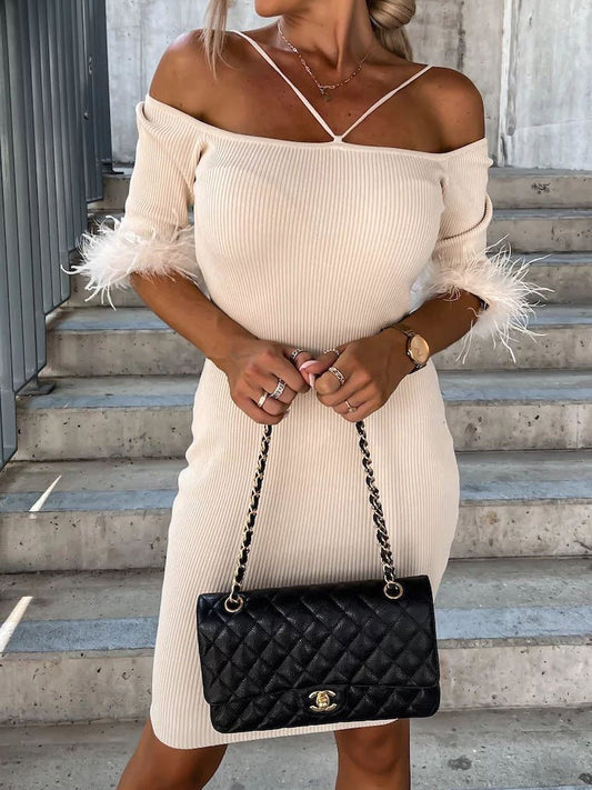 Women's Dresses One-Shoulder Feather Panel Sleeve Slim Fit Dress - Mini Dresses - Instastyled | Online Fashion Free Shipping Clothing, Dresses, Tops, Shoes - 15/09/2022 - Bodycon Dresses - Color_Beige
