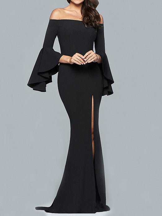 Women's Dresses One-Shoulder Flared Sleeve Slit Dress - Maxi Dresses - Instastyled | Online Fashion Free Shipping Clothing, Dresses, Tops, Shoes - 06/09/2022 - Color_Black - Color_Blue