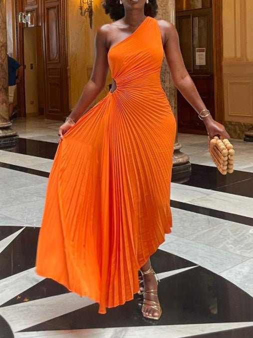 Women's Dresses One Shoulder Hollow Pleated Slim Dress - Maxi Dresses - Instastyled | Online Fashion Free Shipping Clothing, Dresses, Tops, Shoes - 16/08/2022 - 40-50 - color-orange