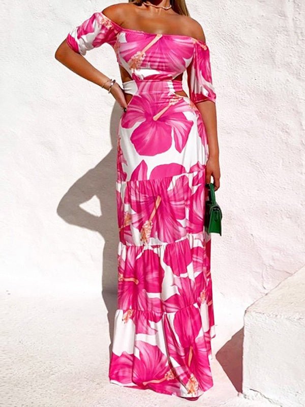 Women's Dresses One-Shoulder Hollow Print Dress - Maxi Dresses - Instastyled | Online Fashion Free Shipping Clothing, Dresses, Tops, Shoes - 22/08/2022 - 40-50 - color-dark_pink