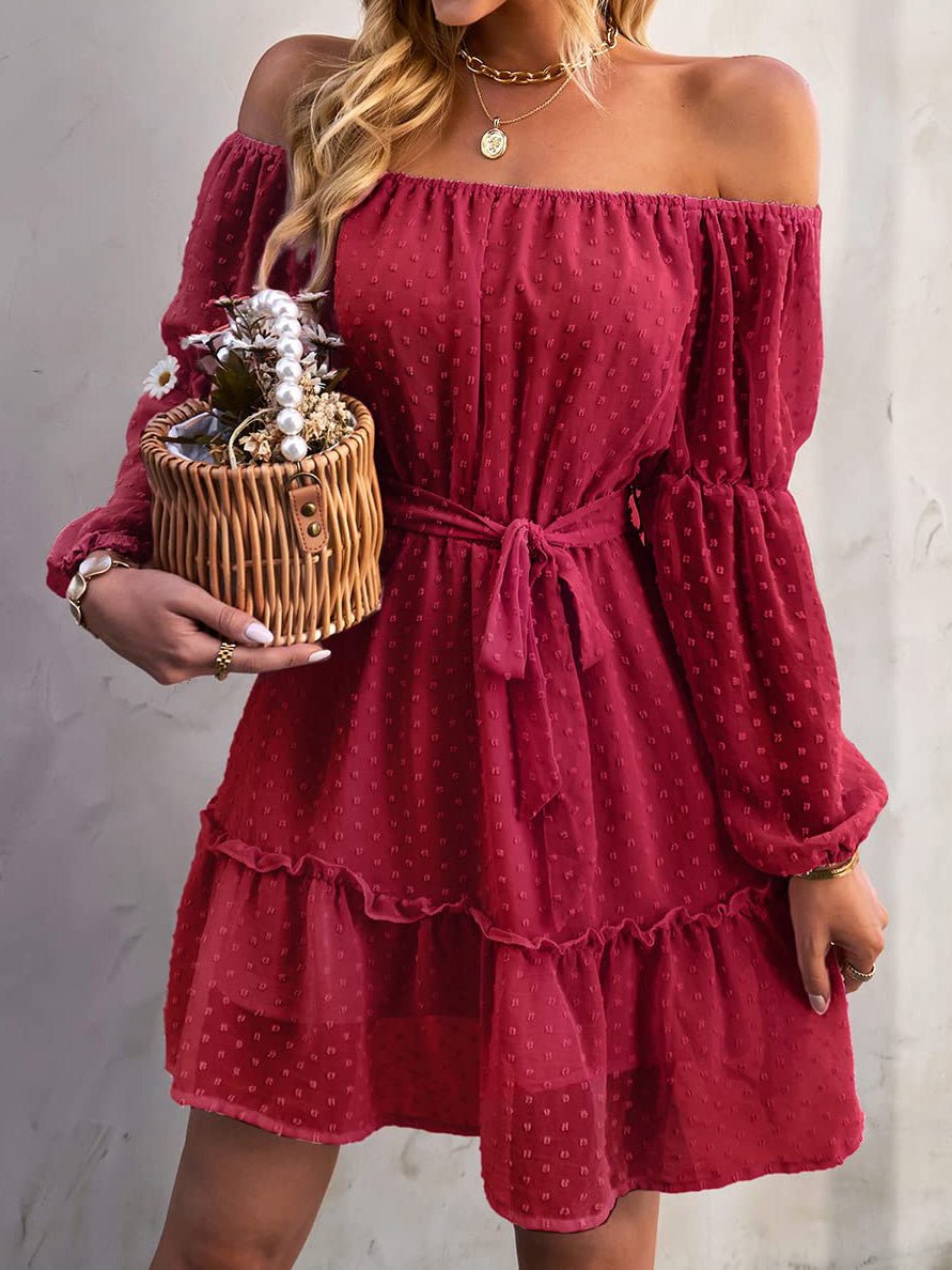 Mini Dresses - One-Shoulder Jacquard Long-Sleeve Dress - MsDressly
