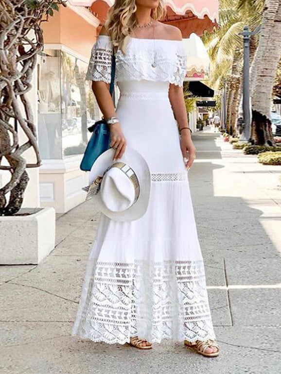 Women's Dresses One-Shoulder Lace Panel Hollow Dress - Maxi Dresses - Instastyled | Online Fashion Free Shipping Clothing, Dresses, Tops, Shoes - 22/01/2022 - color-white - Color_White