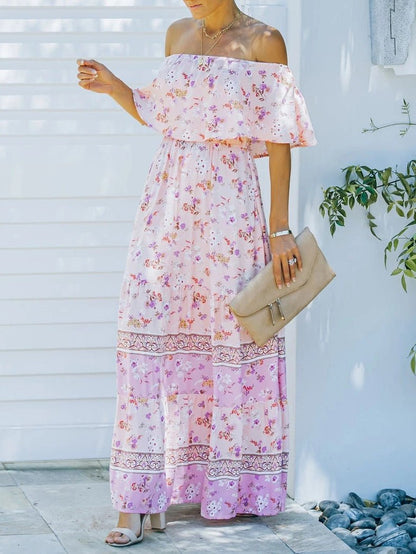 Women's Dresses One-Shoulder Print Lace-Up Swing Dress - Maxi Dresses - Instastyled | Online Fashion Free Shipping Clothing, Dresses, Tops, Shoes - 18/08/2022 - Color_Pink - Color_Purple