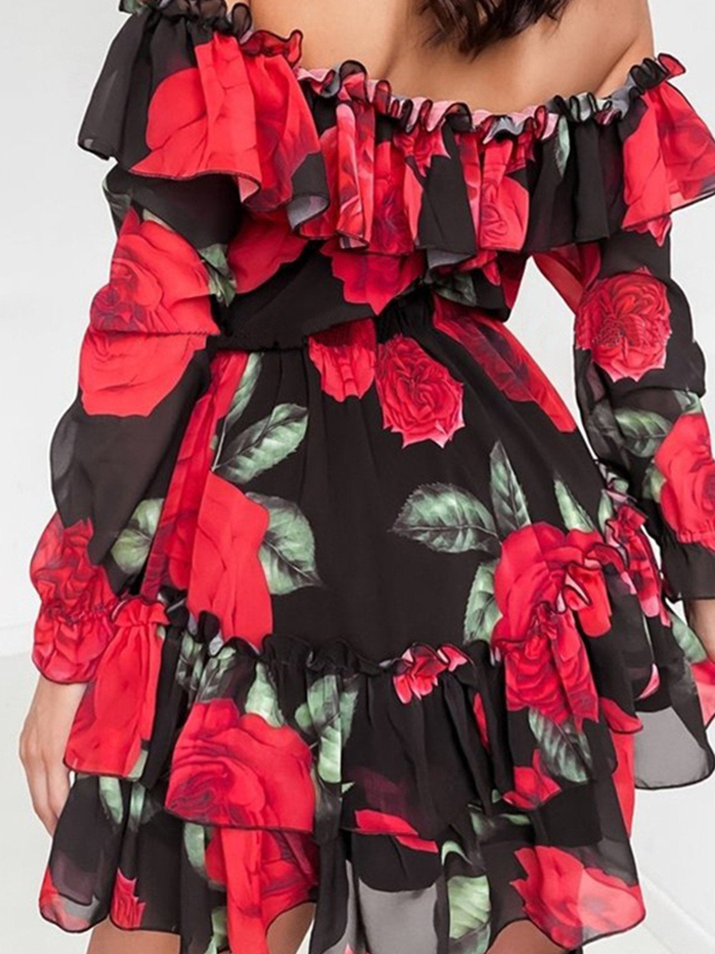 Women's Dresses One-Shoulder Print Ruffled Mini Dress - Mini Dresses - INS | Online Fashion Free Shipping Clothing, Dresses, Tops, Shoes - 12/11/2021 - 20-30 - color-black_red