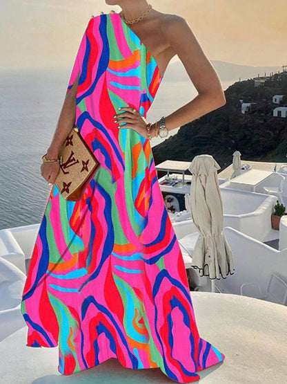 Women's Dresses One Shoulder Print Swing Dress - Maxi Dresses - Instastyled | Online Fashion Free Shipping Clothing, Dresses, Tops, Shoes - 24/08/2022 - 40-50 - color-blue