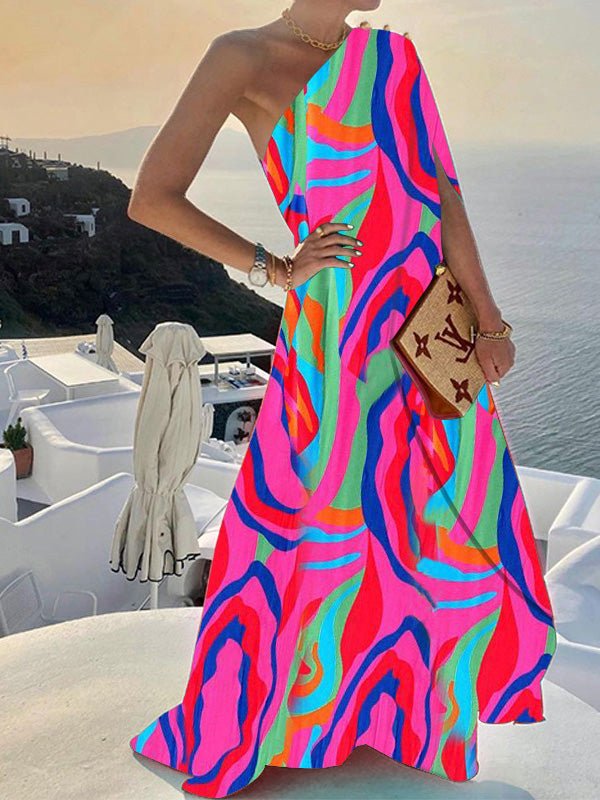 Women's Dresses One Shoulder Print Swing Dress - Maxi Dresses - Instastyled | Online Fashion Free Shipping Clothing, Dresses, Tops, Shoes - 24/08/2022 - 40-50 - color-blue