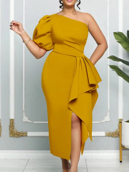 Women's Dresses One Shoulder Puff Sleeve Irregular Slit Dress - Maxi Dresses - Instastyled | Online Fashion Free Shipping Clothing, Dresses, Tops, Shoes - 22/08/2022 - casual-dresses - color-green