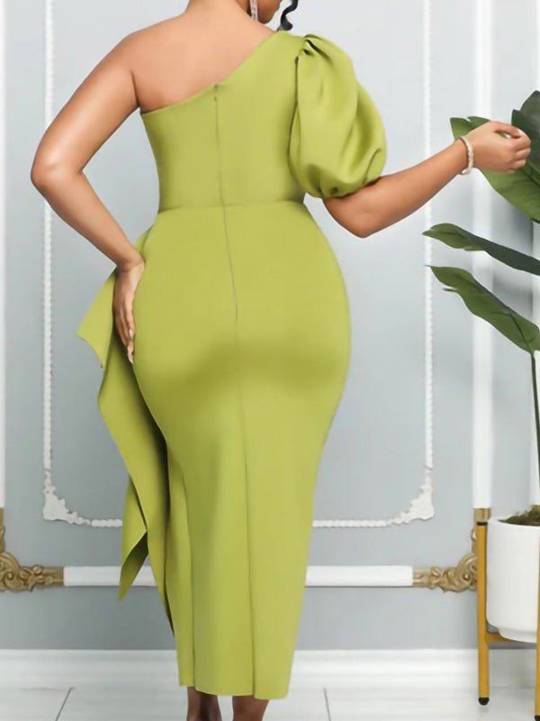 Women's Dresses One Shoulder Puff Sleeve Irregular Slit Dress - Maxi Dresses - Instastyled | Online Fashion Free Shipping Clothing, Dresses, Tops, Shoes - 22/08/2022 - casual-dresses - color-green