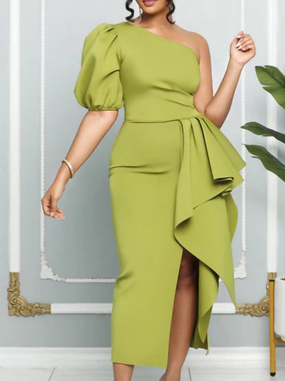 Women's Dresses One Shoulder Puff Sleeve Irregular Slit Dress - Maxi Dresses - Instastyled | Online Fashion Free Shipping Clothing, Dresses, Tops, Shoes - 22/08/2022 - casual-dresses - color-green