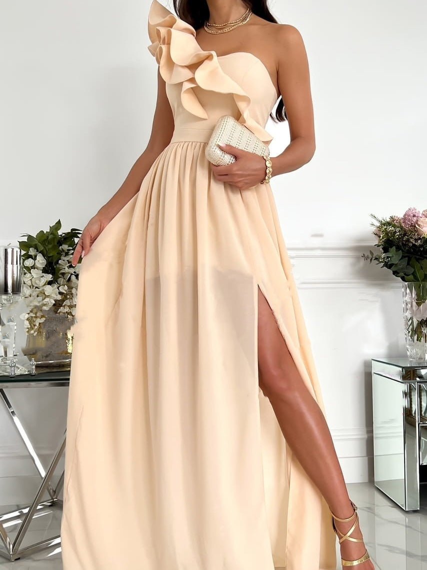 Women's Dresses One Shoulder Ruffle Sleeveless Slit Dress - Maxi Dresses - Instastyled | Online Fashion Free Shipping Clothing, Dresses, Tops, Shoes - 30-40 - 30/04/2022 - color-beige