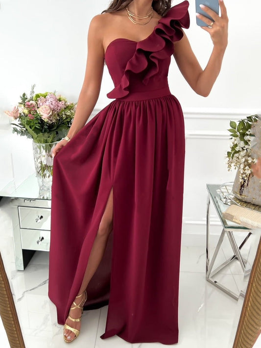 Women's Dresses One Shoulder Ruffle Sleeveless Slit Dress - Maxi Dresses - Instastyled | Online Fashion Free Shipping Clothing, Dresses, Tops, Shoes - 30-40 - 30/04/2022 - color-beige