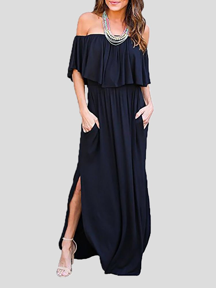 Women's Dresses One-Shoulder Ruffled Pocket Slit Dress - Maxi Dresses - Instastyled | Online Fashion Free Shipping Clothing, Dresses, Tops, Shoes - 29/04/2022 - 30-40 - color-black