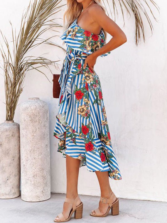 Women's Dresses One-Shoulder Ruffled Striped Irregular Dress - Maxi Dresses - Instastyled | Online Fashion Free Shipping Clothing, Dresses, Tops, Shoes - 09/06/2022 - Color_Blue - DRE2206094401