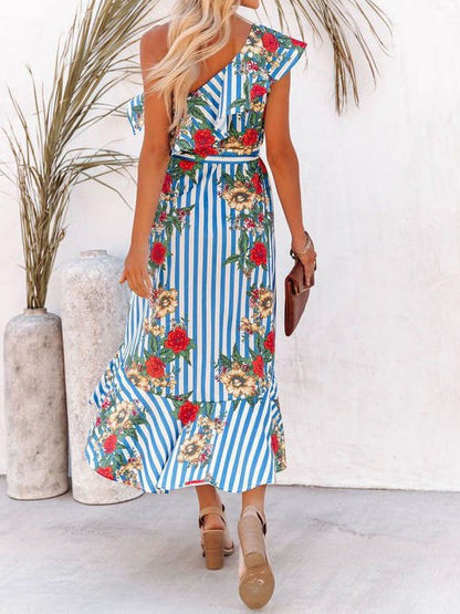 Women's Dresses One-Shoulder Ruffled Striped Irregular Dress - Maxi Dresses - Instastyled | Online Fashion Free Shipping Clothing, Dresses, Tops, Shoes - 09/06/2022 - Color_Blue - DRE2206094401