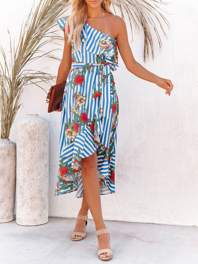 Women's Dresses One-Shoulder Ruffled Striped Irregular Dress - Maxi Dresses - Instastyled | Online Fashion Free Shipping Clothing, Dresses, Tops, Shoes - 09/06/2022 - Color_Blue - DRE2206094401