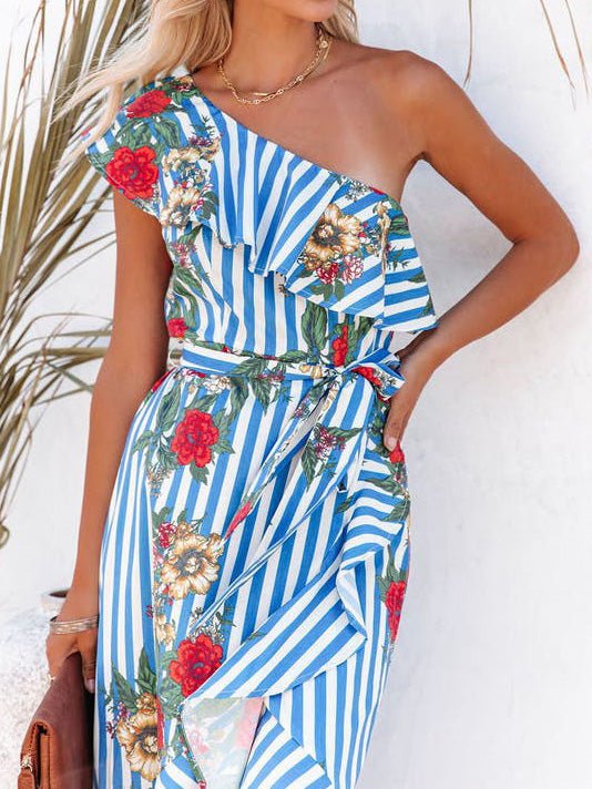 Women's Dresses One-Shoulder Ruffled Striped Irregular Dress - Maxi Dresses - Instastyled | Online Fashion Free Shipping Clothing, Dresses, Tops, Shoes - 09/06/2022 - Color_Blue - DRE2206094401