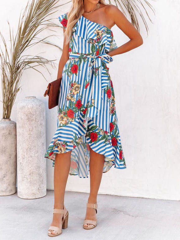 Women's Dresses One-Shoulder Ruffled Striped Irregular Dress - Maxi Dresses - Instastyled | Online Fashion Free Shipping Clothing, Dresses, Tops, Shoes - 09/06/2022 - Color_Blue - DRE2206094401